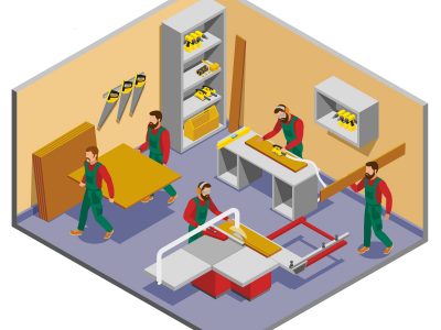 Industrial shop with furniture makers during work process isometric composition with interior elements vector illustration